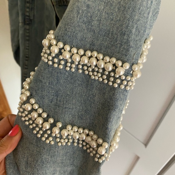 Blue Eriko Pearl Beaded Denim Button Jacket M - Picture 7 of 8